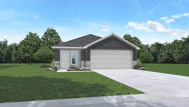 1346 Heather Rosewood Ln, Conroe, TX 77301 - ranch-style house with a front yard, an attached garage, concrete driveway, and stone siding