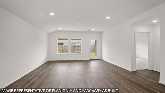 1346 Heather Rosewood Ln, Conroe, TX 77301 - unfurnished room with dark wood-style flooring, recessed lighting, baseboards, and lofted ceiling