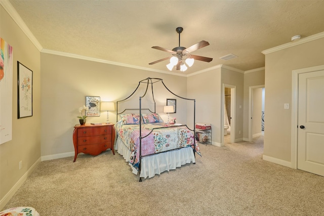 bedroom with light colored carpet, baseboards, a textured ceiling, crown molding, and ceiling fan