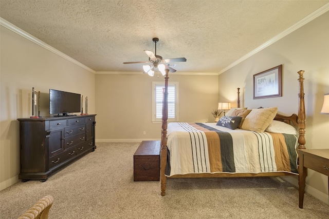 bedroom featuring light carpet, ornamental molding, baseboards, ceiling fan, and a textured ceiling