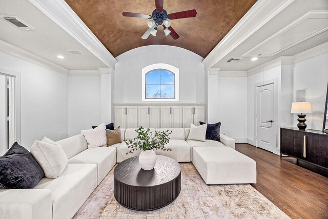 5105 Pocahontas St, Bellaire, TX 77401 - living room featuring ornate columns, wood finished floors, lofted ceiling, ceiling fan, and recessed lighting
