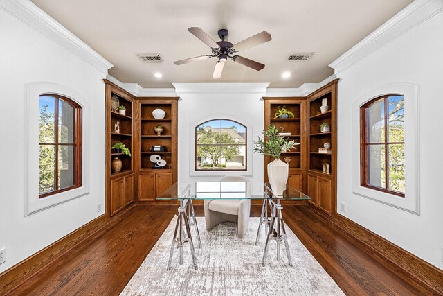 5105 Pocahontas St, Bellaire, TX 77401 - office area with ornamental molding, dark wood-type flooring, ceiling fan, and recessed lighting