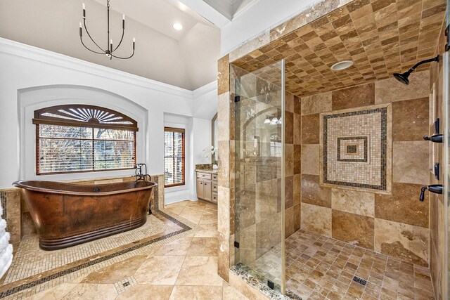5105 Pocahontas St, Bellaire, TX 77401 - full bathroom with a stall shower, ornamental molding, a freestanding bath, vanity, and recessed lighting