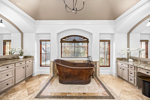 5105 Pocahontas St, Bellaire, TX 77401 - bathroom featuring high vaulted ceiling, a chandelier, baseboards, a soaking tub, and vanity