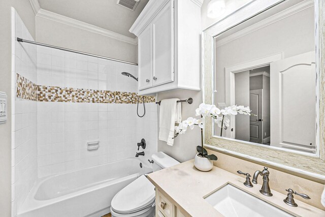 5105 Pocahontas St, Bellaire, TX 77401 - bathroom featuring crown molding, toilet, bathtub / shower combination, and vanity