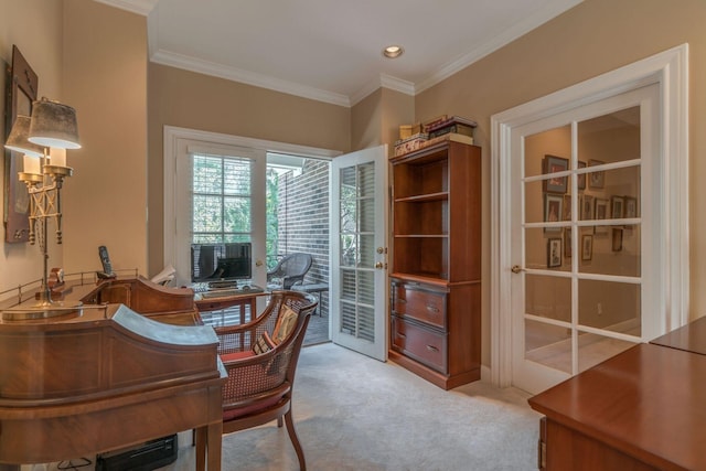 office area featuring light carpet, crown molding, and recessed lighting