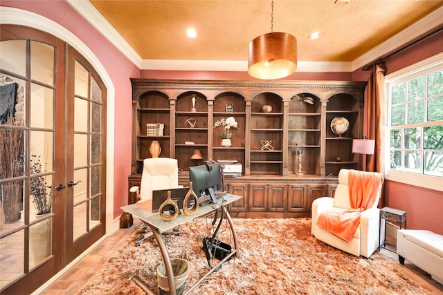 13315 Timberwild Ct, Tomball, TX 77375 - home office with crown molding, french doors, and recessed lighting