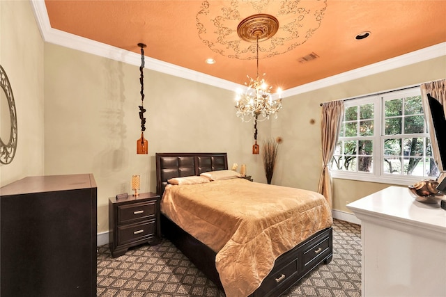 13315 Timberwild Ct, Tomball, TX 77375 - bedroom with baseboards, ornamental molding, a chandelier, tile patterned floors, and recessed lighting