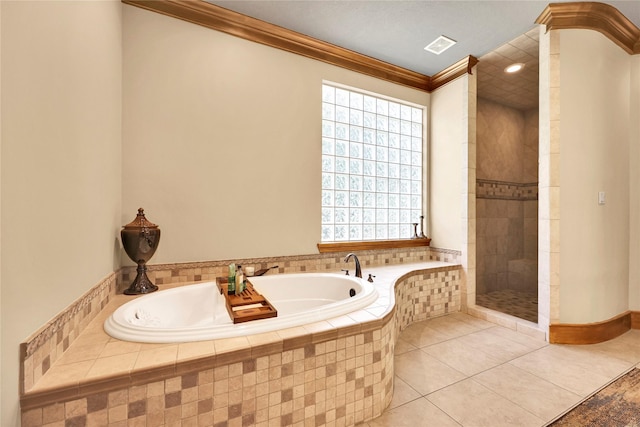 13315 Timberwild Ct, Tomball, TX 77375 - bathroom featuring ornamental molding, tiled shower, a bath, tile patterned flooring, and recessed lighting