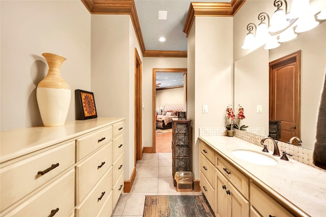 13315 Timberwild Ct, Tomball, TX 77375 - ensuite bathroom with ornamental molding, vanity, and tile patterned flooring