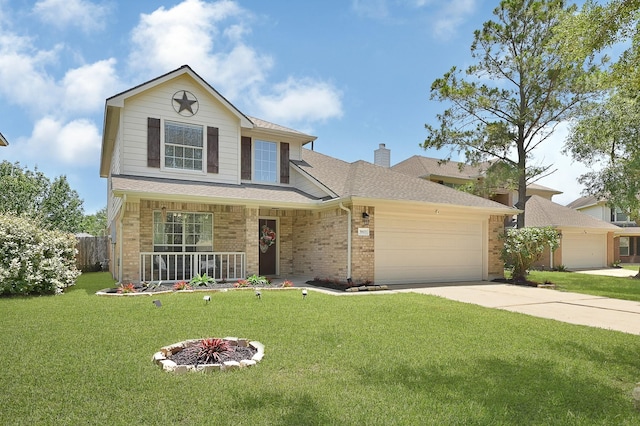 traditional-style house featuring brick siding, a porch, a garage, a shingled roof, and concrete driveway