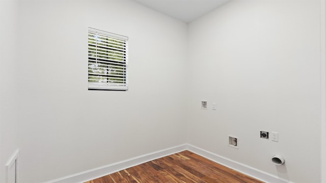 laundry area featuring hookup for an electric dryer, hookup for a washing machine, baseboards, and dark wood-style floors
