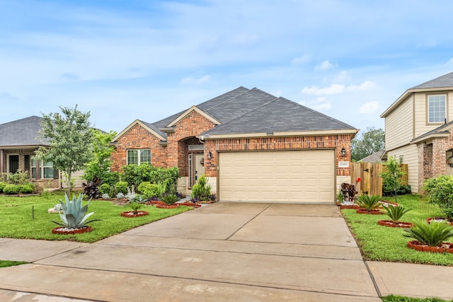 view of front facade featuring brick siding, driveway, a garage, and roof with shingles