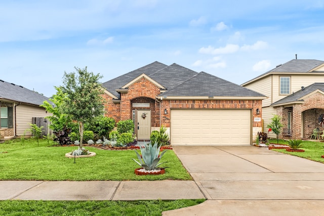 view of front of home with brick siding, a garage, concrete driveway, a front lawn, and roof with shingles
