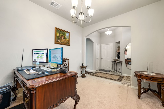office area featuring arched walkways, a chandelier, baseboards, and carpet floors