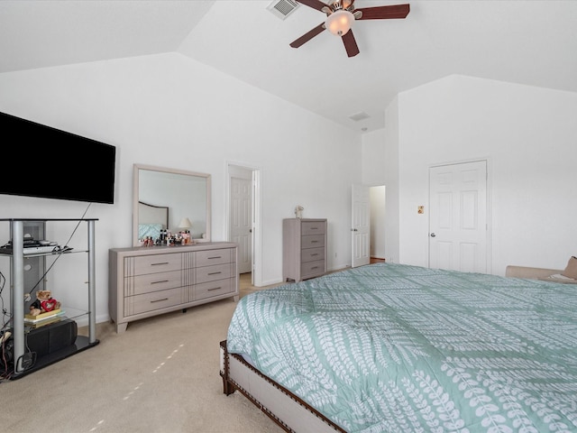 20118 Lakespire Dr, Katy, TX 77449 - bedroom featuring light colored carpet, high vaulted ceiling, and a ceiling fan