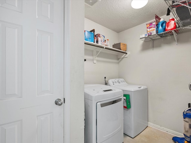 20118 Lakespire Dr, Katy, TX 77449 - laundry room featuring separate washer and dryer, baseboards, and a textured ceiling