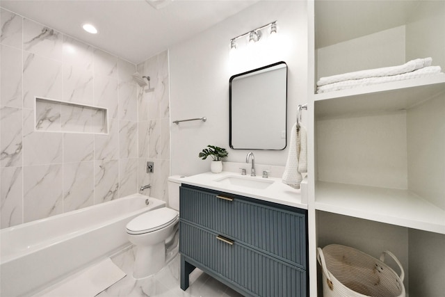 full bathroom with marble finish flooring, toilet, bathing tub / shower combination, vanity, and recessed lighting