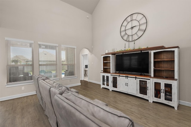2510 Ocean Key Dr, Texas City, TX 77568 - living area featuring arched walkways, wood finished floors, baseboards, and high vaulted ceiling