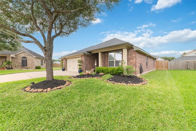 ranch-style home with concrete driveway, brick siding, and a garage