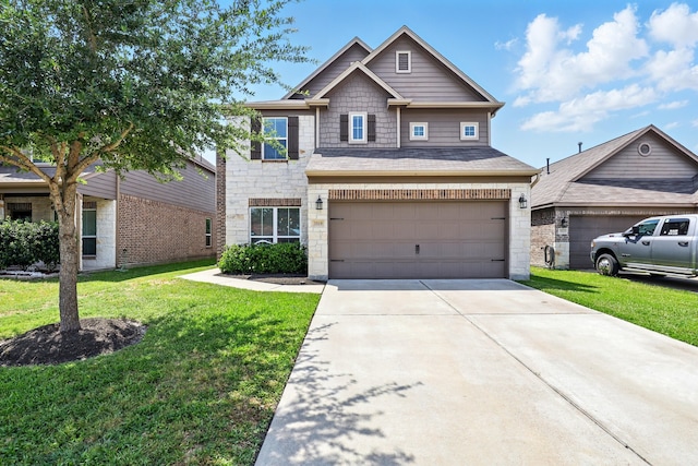 3519 Barkers Run Dr, Houston, TX 77084 - craftsman-style home featuring a front yard, a garage, concrete driveway, and stone siding