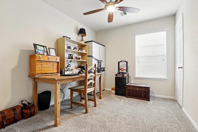 3519 Barkers Run Dr, Houston, TX 77084 - home office featuring light carpet, a ceiling fan, and baseboards