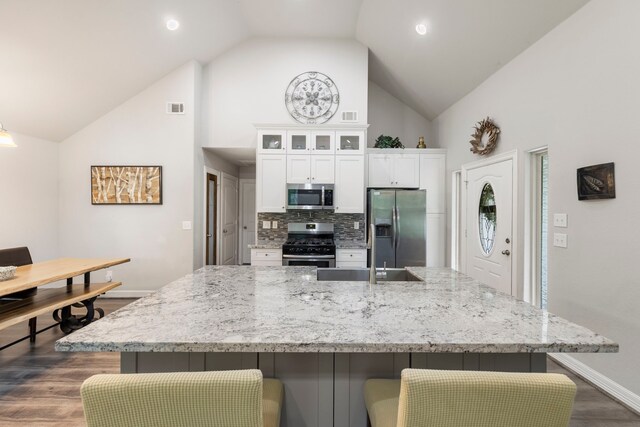28120 Clint Neidgk Rd, Magnolia, TX 77354 - kitchen featuring stainless steel appliances, high vaulted ceiling, dark wood-style floors, white cabinets, and an island with sink