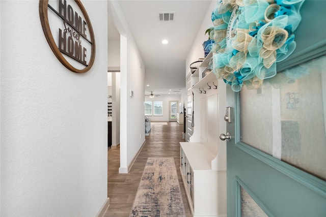 502 Rain Cloud Dr, Baytown, TX 77523 - hallway with baseboards, wood finished floors, and recessed lighting