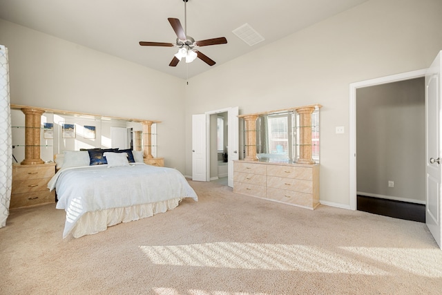 11707 Finnick Bend Dr, Tomball, TX 77377 - bedroom featuring carpet floors, high vaulted ceiling, baseboards, and a ceiling fan