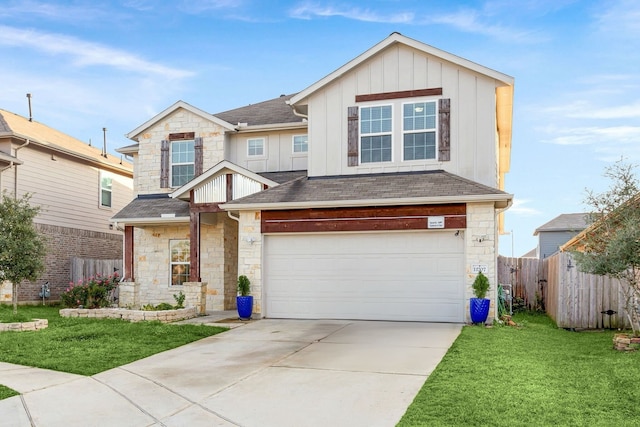 11707 Finnick Bend Dr, Tomball, TX 77377 - traditional-style house with board and batten siding, stone siding, a garage, and concrete driveway