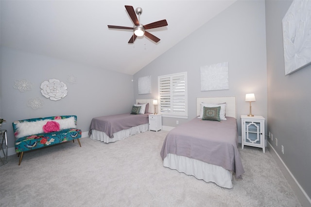 5502 Charlton Ridge Ln, Fulshear, TX 77441 - bedroom featuring carpet flooring, baseboards, high vaulted ceiling, and ceiling fan