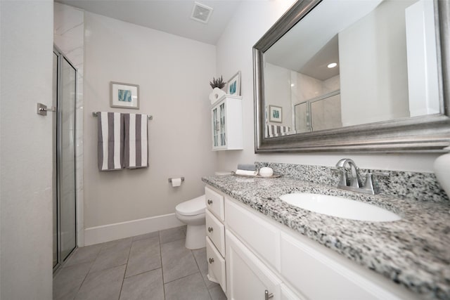 5502 Charlton Ridge Ln, Fulshear, TX 77441 - bathroom with baseboards, a shower stall, toilet, tile patterned floors, and vanity