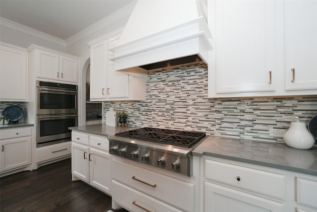 5502 Charlton Ridge Ln, Fulshear, TX 77441 - kitchen with custom exhaust hood, stainless steel appliances, tasteful backsplash, white cabinetry, and arched walkways