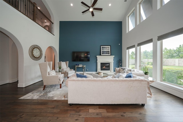 5502 Charlton Ridge Ln, Fulshear, TX 77441 - living area with high vaulted ceiling, a ceiling fan, plenty of natural light, a glass covered fireplace, and wood finished floors