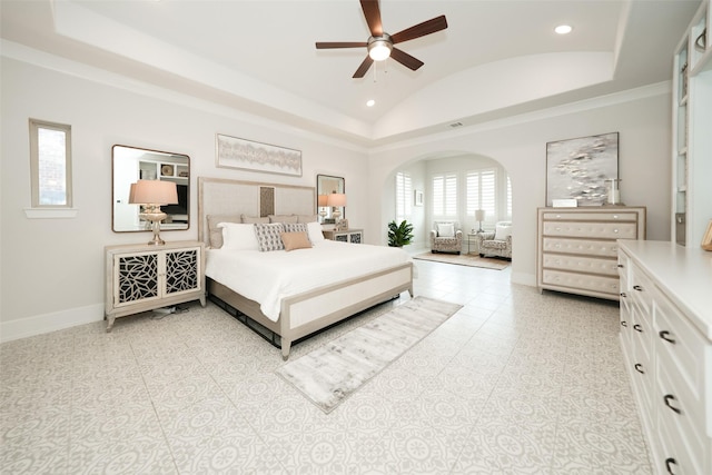 5502 Charlton Ridge Ln, Fulshear, TX 77441 - bedroom with vaulted ceiling, arched walkways, baseboards, recessed lighting, and light tile patterned floors