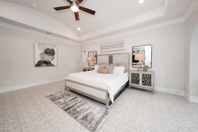 5502 Charlton Ridge Ln, Fulshear, TX 77441 - bedroom with recessed lighting, vaulted ceiling, baseboards, and ceiling fan