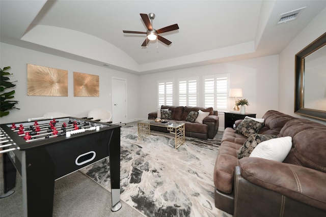 5502 Charlton Ridge Ln, Fulshear, TX 77441 - rec room featuring lofted ceiling and a ceiling fan