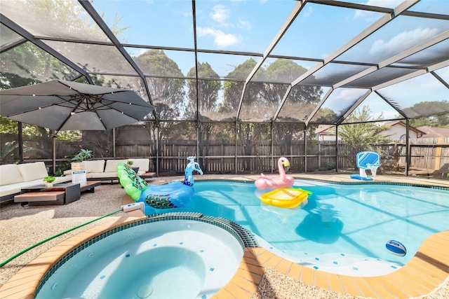 view of pool with an outdoor hangout area, a fenced backyard, a patio area, and a pool with connected hot tub