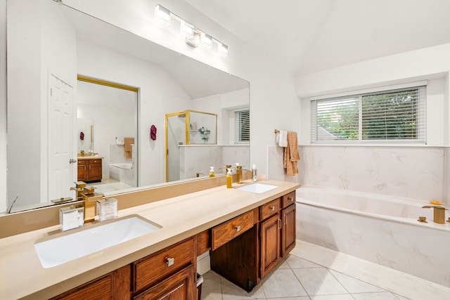 12114 Paddock Way, Houston, TX 77065 - full bath with a shower stall, vaulted ceiling, a garden tub, double vanity, and tile patterned floors