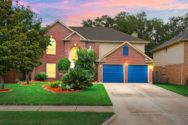 12114 Paddock Way, Houston, TX 77065 - traditional home with concrete driveway, a garage, brick siding, and a chimney