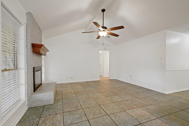 1926 Klauke Ct, Rosenberg, TX 77471 - unfurnished living room with ceiling fan, tile patterned flooring, and a brick fireplace
