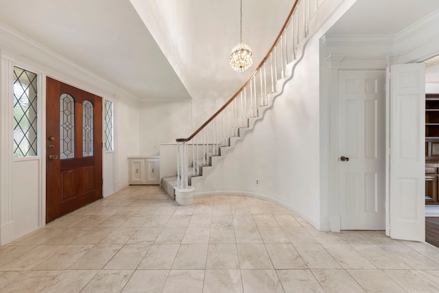 6131 Knollview Dr, Spring, TX 77389 - entrance foyer with a chandelier, stairs, and ornamental molding