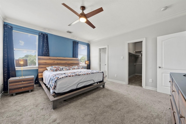 carpeted bedroom with ornamental molding, a walk in closet, baseboards, a ceiling fan, and a closet