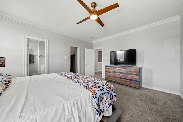 carpeted bedroom with ornamental molding, baseboards, ceiling fan, and connected bathroom