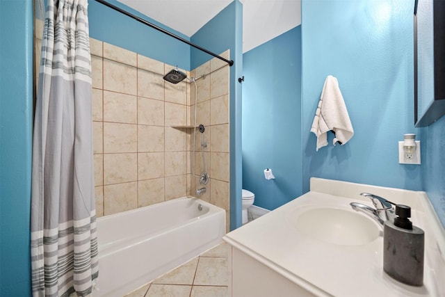 full bath with shower / tub combo with curtain, toilet, vanity, and tile patterned flooring