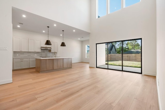 1420 Flamingo St, Conroe, TX 77385 - kitchen with open floor plan, under cabinet range hood, tasteful backsplash, light wood-style flooring, and light countertops