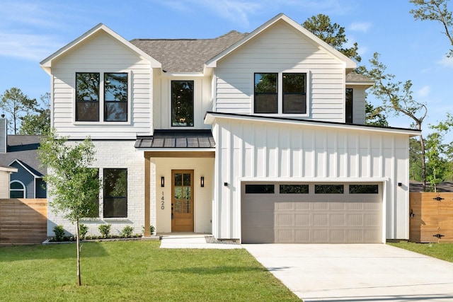 1420 Flamingo St, Conroe, TX 77385 - modern farmhouse featuring board and batten siding, a shingled roof, driveway, a standing seam roof, and a garage