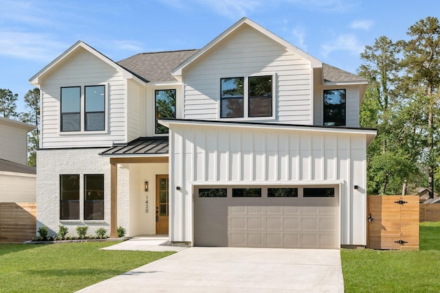 modern farmhouse featuring roof with shingles, board and batten siding, an attached garage, and driveway