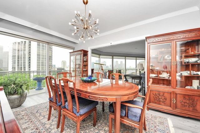 5050 Woodway Dr Unit 7L, Houston, TX 77056 - dining space featuring a chandelier, light wood finished floors, crown molding, and a view of city