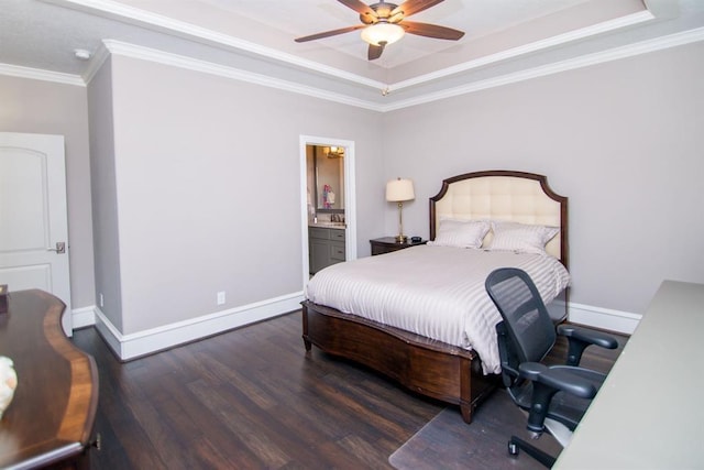 14115 Woodthorpe Ln, Houston, TX 77079 - bedroom with wood finished floors, a raised ceiling, baseboards, crown molding, and a ceiling fan